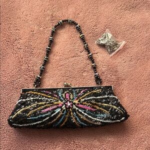 Embroidered Black Beaded Clutch